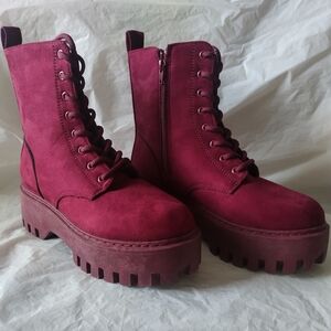 Rouge Broadway Helium Boots Burgundy Combat Zip Lace Ankle Lift 9 Faux Suede